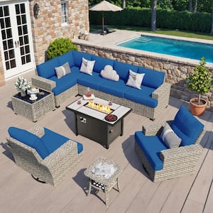 Torino 10-Piece Wicker Outdoor Patio Conversation Sofa Sectional Chairs Set with Metal Fire Pit and Navy Blue Cushions