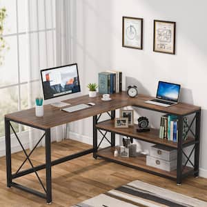 Lantz 59.05 in. L-Shaped Brown Wood and Metal Reversible Computer Desk with 2 Tier Storage Shelves