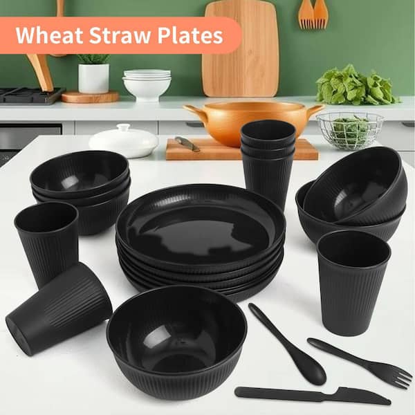 Wudkey 36-Piece Black Wheat Straw Dinnerware Set for 6