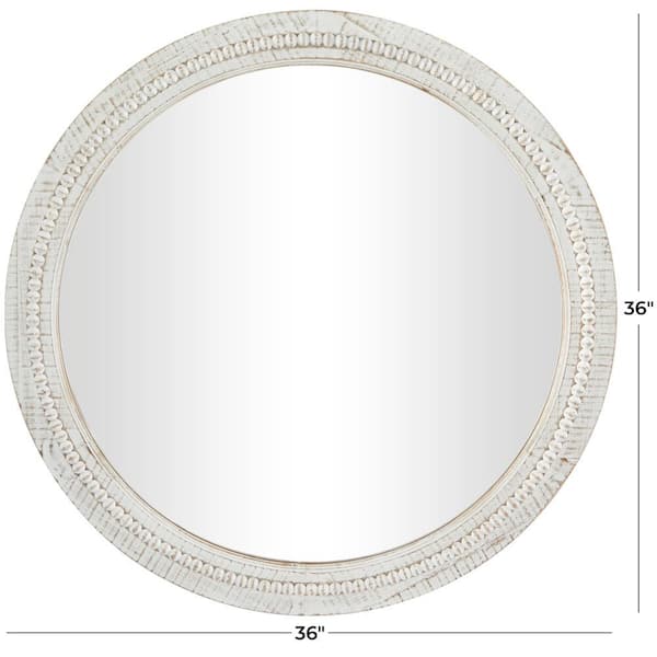 36 in. x 36 in. Carved Wood Round Framed White Wall Mirror with Whitewashed Beaded Frame