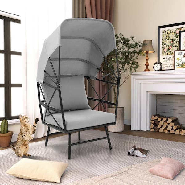 Crestlive Products Black Aluminum Outdoor Egg Chair with Gray Cushion and Gray Folding Canopy