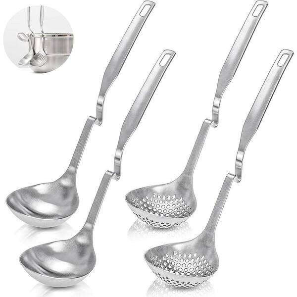 4 Piece Stainless Steel Slotted Hot Pot Ladle Set Silver Durable Strainer Scoop Utensil for Soup Sauce Hotpot