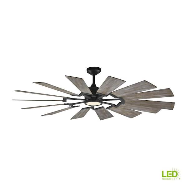 Generation Lighting - Prairie 62 in. LED Indoor/Outdoor Aged Pewter Ceiling Fan with Light Grey Weathered Oak Blades, Light Kit and Remote
