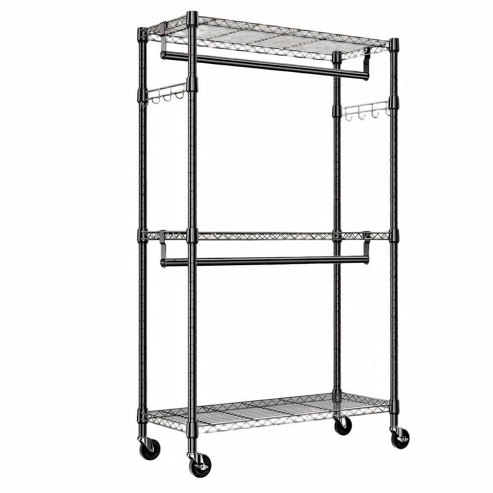 Black 3 Tiers Heavy Duty Steel Rolling Clothes Rack with 2 Rods and Side Hooks, 29.5 in. W x 74.5 in. H x 15.7 in. D price history on PriceWatchPro