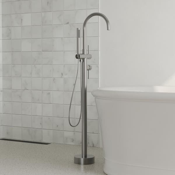 Double Handles Floor Mounted Free Standing Tub Faucets with Hand Shower in Brushed Nickel (Valve Included)