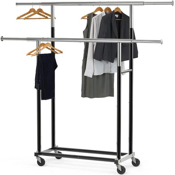 Black Metal Garment Clothes Rack Double Rods 30.5 in. W x 58.75 in