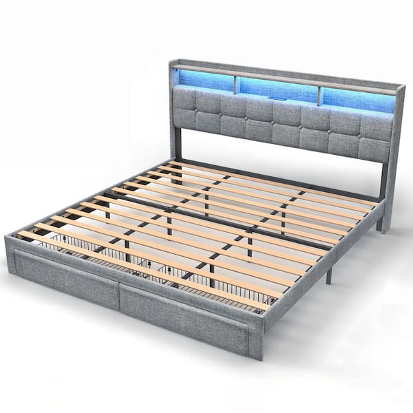 Light Gray Wood Frame King Size Upholstered Platform Bed with LED Lights, Charging Station, Headboard and 2-Drawers