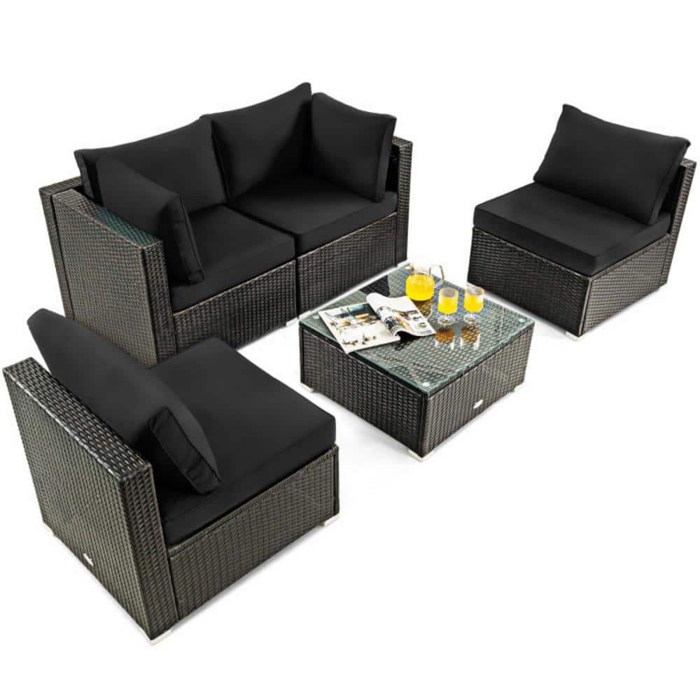 5-Pcs Wicker Patio Conversation Set Rattan Furniture Set with Black Cushions and Glass Table price history on PriceWatchPro