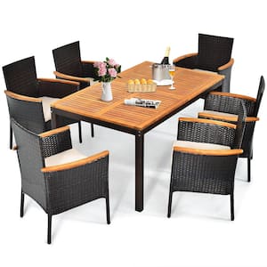 7-Piece Wicker Rectangular Outdoor Dining Set with Beige Cushions
