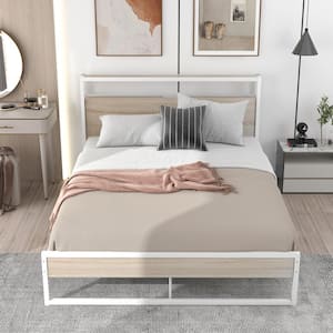 62 in. W Queen Size White Metal Platform Bed Frame with Sockets, USB Ports and Metal Support Slats, No Box Spring Needed