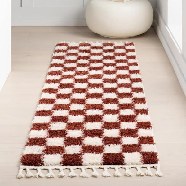 3 ft. x 12 ft. Red Nell Retro Checkerboard Tasseled Indoor Runner Rug