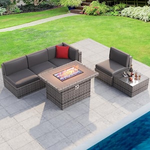 6-Piece Wicker Patio Conversation Set with Fire Pit Table, Gray Cushion