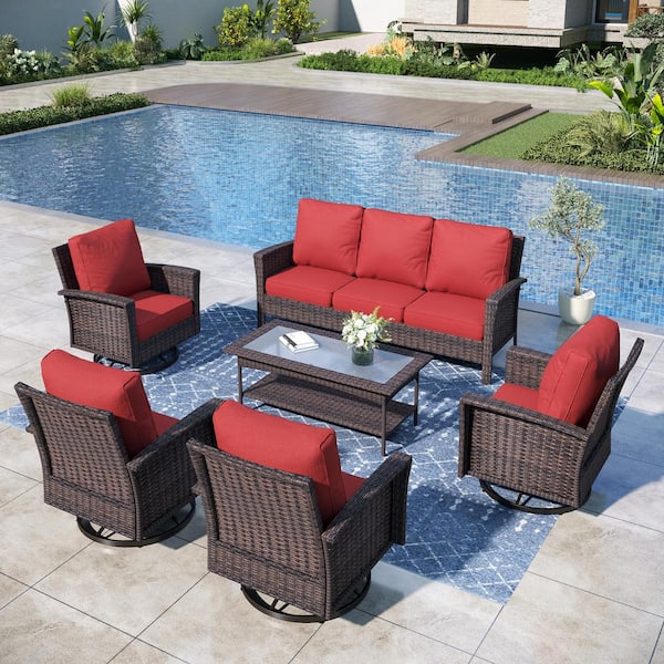 PHI VILLA Black 6-Pieces Metal Patio Conversation Sectional Seating Set with Swivel Sofa Chairs, Glass Top Table and Red Cushions