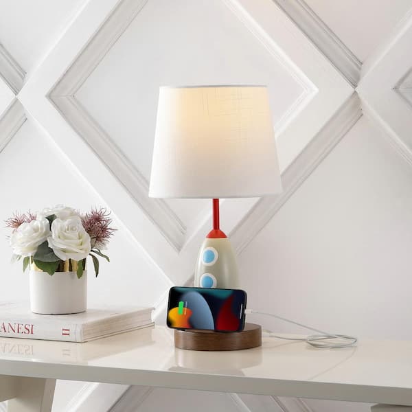 JONATHAN Y Houston 17.5 in. Coastal Style Iron/Resin Rocket LED Kids' Table Lamp with Phone Stand and USB Charging Port Multi-Color