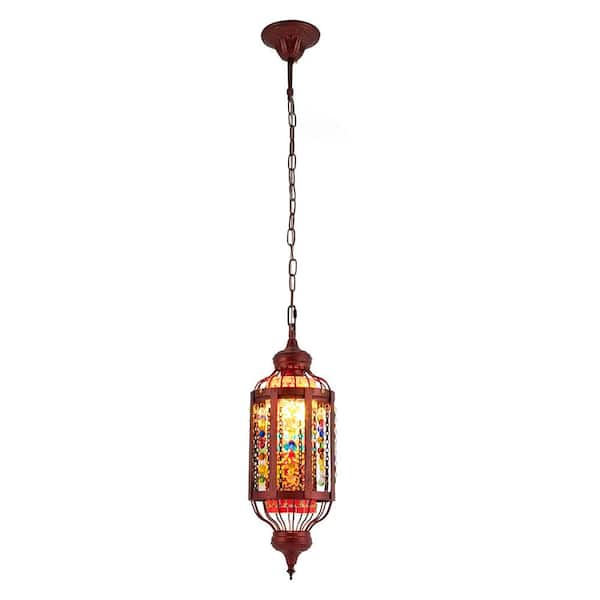 OUKANING 60-Watt 1-Light Red ‎Mid-Century Modern Pendant Light with Adjustable Height and Multicolored Shade, No Bulbs Included