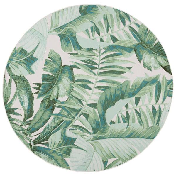 SAFAVIEH Barbados Green/Teal 7 ft. x 7 ft. Round Multi-Leaf Tropical Indoor/Outdoor Area Rug
