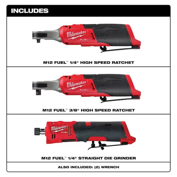 M12 FUEL 12V Lithium-Ion Brushless High Speed 1/4 in. and 3/8 in. Cordless Ratchets with 1/4 in. Straight Die Grinder