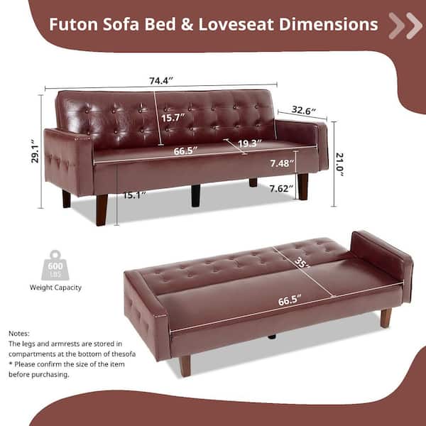 WONDER COMFORT Mid-Century Modern 74 in. Red Brown Faux Leather