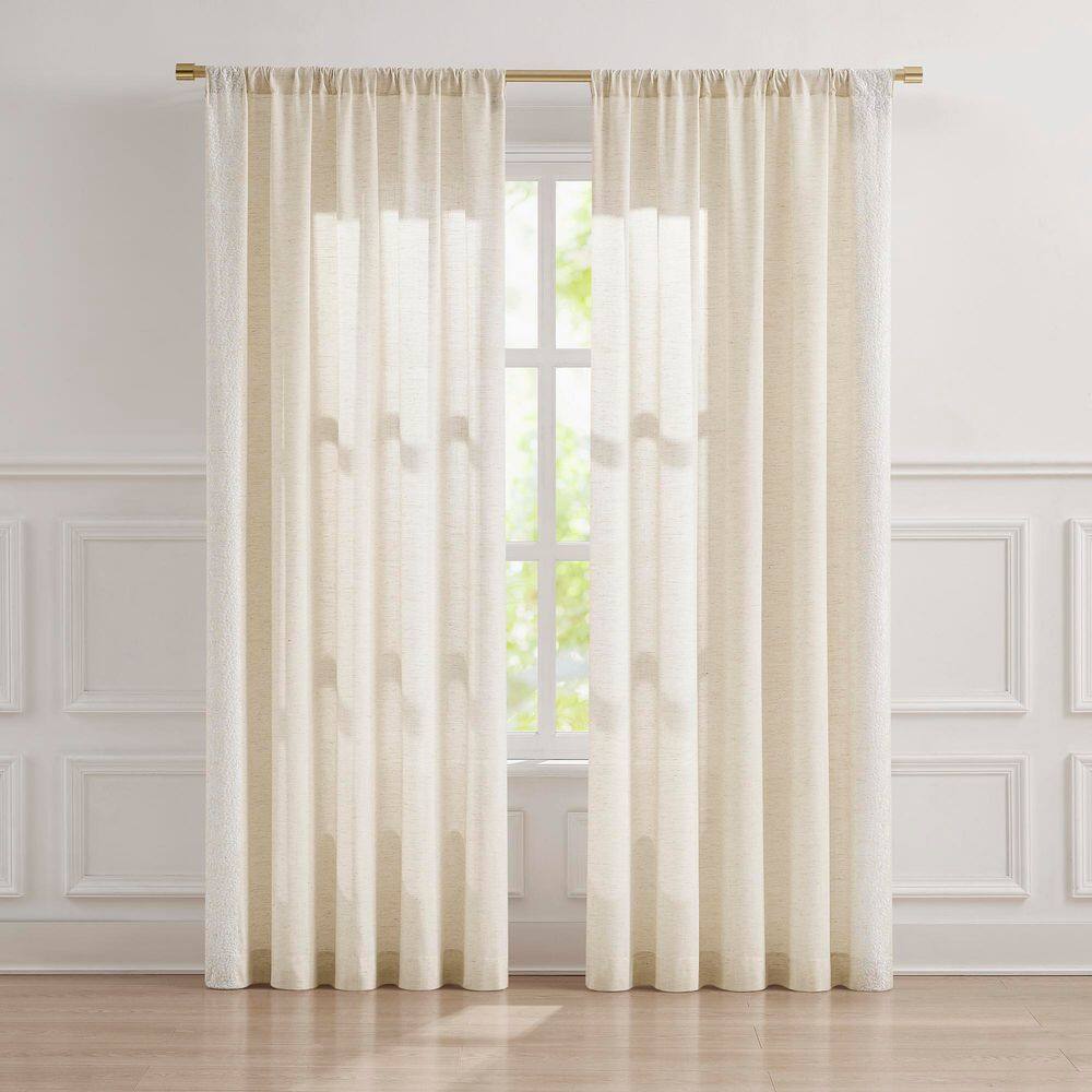 Emily Leaves Neutral Faux Linen 52 in. W x 84 in. L Rod Pocket Light Filtering Curtain (Set of 2) product image for price tracking