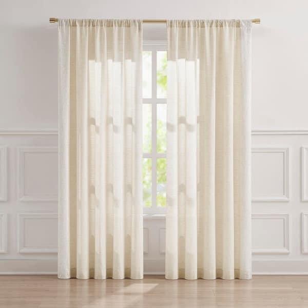 Emily Leaves Neutral Faux Linen 52 in. W x 84 in. L Rod Pocket Light Filtering Curtain (Set of 2)