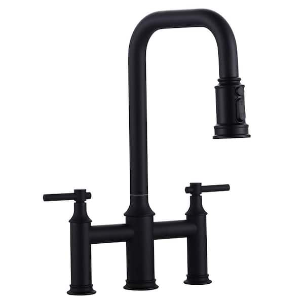 VEVETTA Double Handle Bridge Kitchen Faucet with 360 Degree Spout Swivel in Matte Black