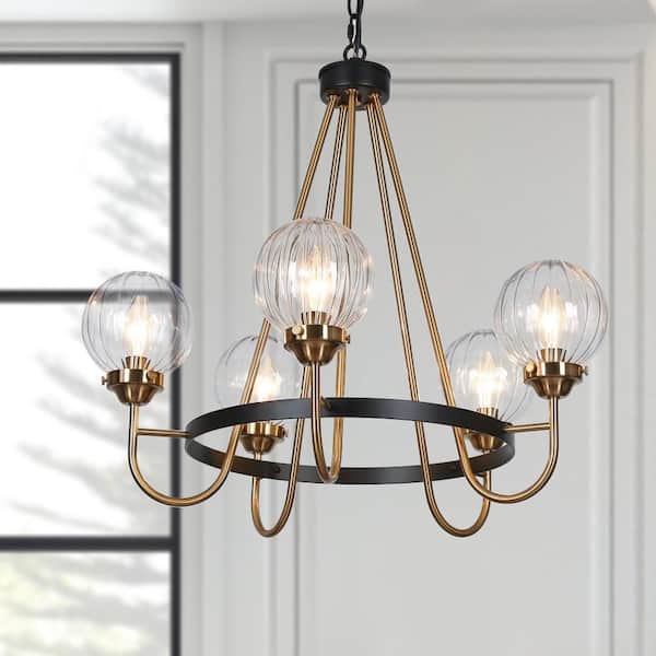 5-Light Brass Chandelier Lighting, Sputnik Pendant Lights for Kitchen Island, Modern Black Chandelier with Round Glasses