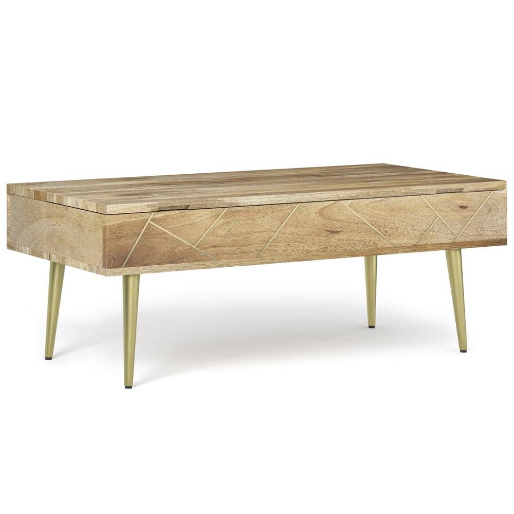 Rectangular Mango Wood Lift-Top Coffee Table with Brass Inlay