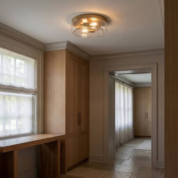 Rhett 12 in. Modern Round 2-Light Satin Brass Semi-Flush Mount for Foyer with Clear Glass