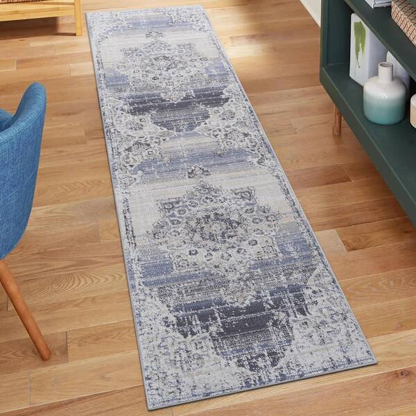 2 ft. x 8 ft. Cream Blue Rectangle Washable for Bedroom, Dining Room, Living Room Area Rug