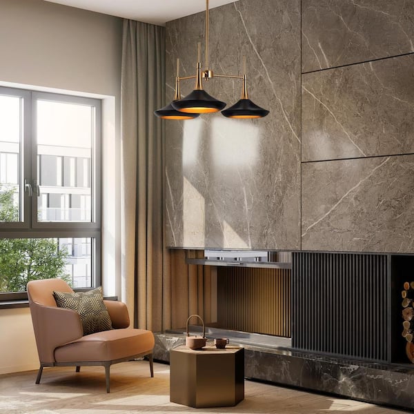 Mid-Century Island Chandelier Modern 3-Light Black and Brass Dining Room Hanging Pendant Light with Bell Metal Shades