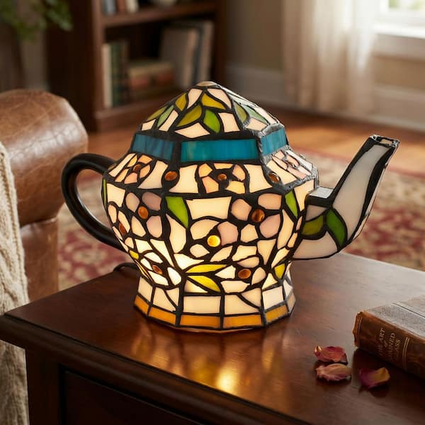 7 in. Tiffany Style Teapot Stained Glass Table Lamp or Desk Light, LED Bulb Included, Multicolor