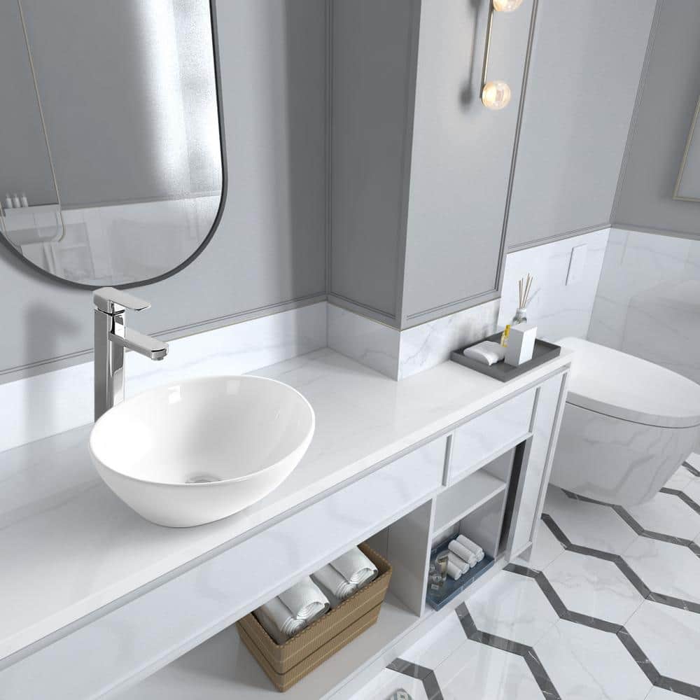 Sinber 16" x 13" Matte White Stone Oval Vessel Sink