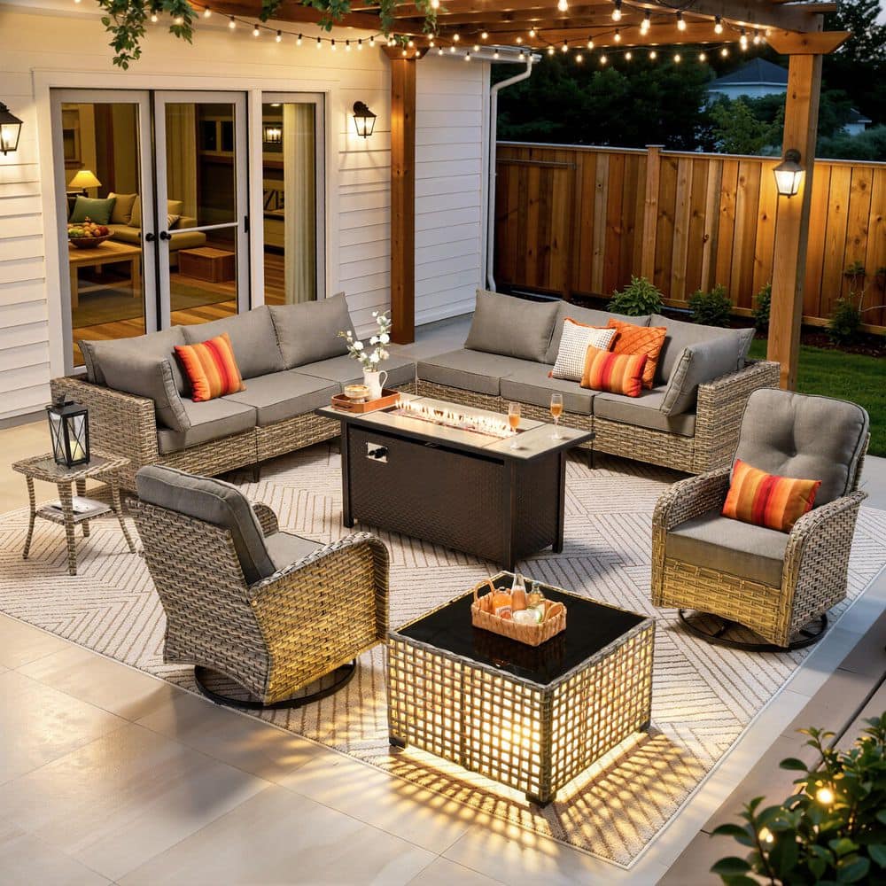 OVIOS Vinceny Gray 11-Piece Wicker 54 in. Rectangle Fire Pit Patio