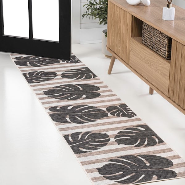 Allison Classic Beach Stripe and Monstera Leaf Black/Beige 2 ft. x 8 ft. Indoor/Outdoor Runner Rug