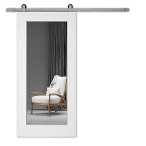 LISMORE 35 in. x 80 in. Mirrored Glass Solid Core White Wood Modern Door with Sliding Barn Door with Hardware Kit