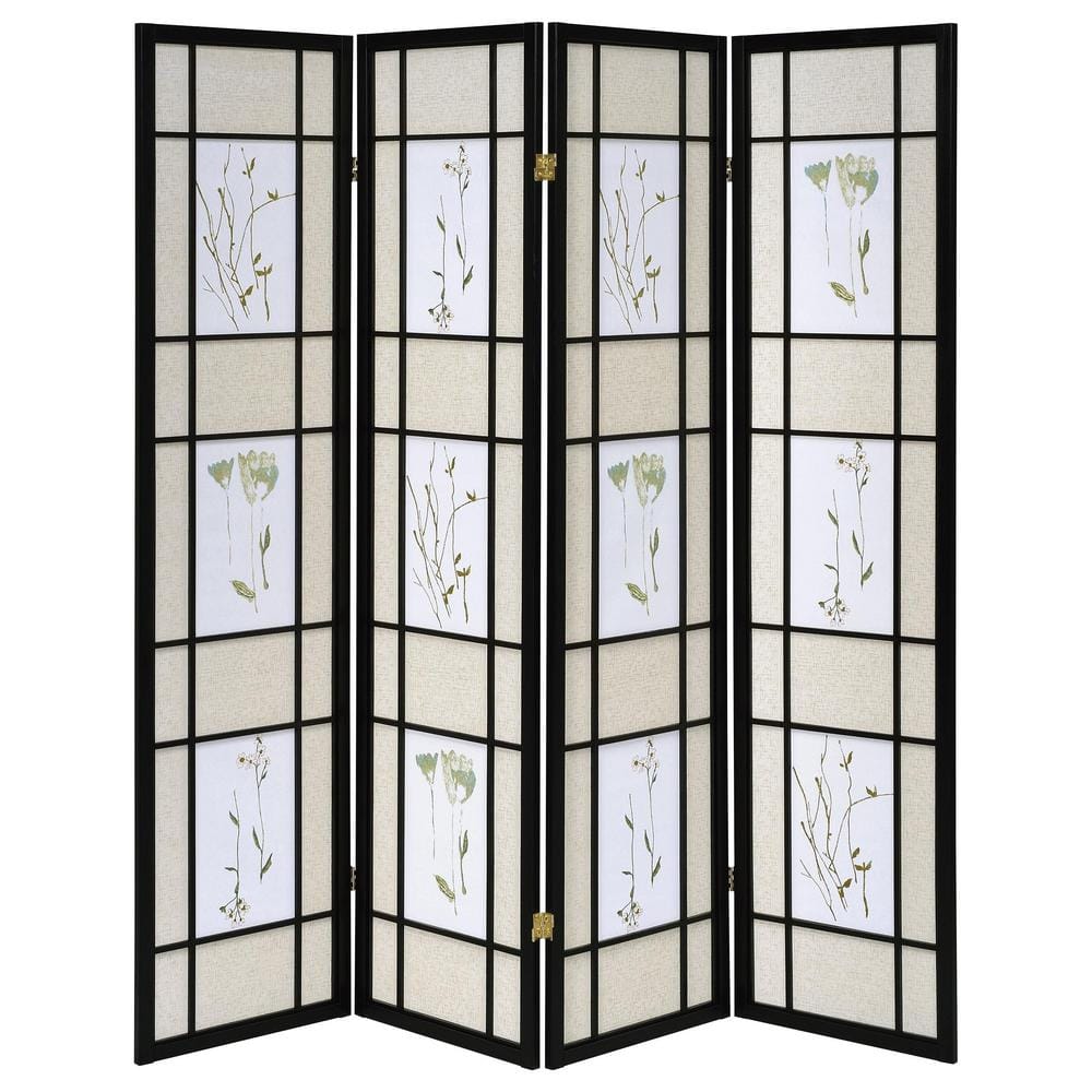 Beige and Black Floral Print 4-Panel Folding Screen