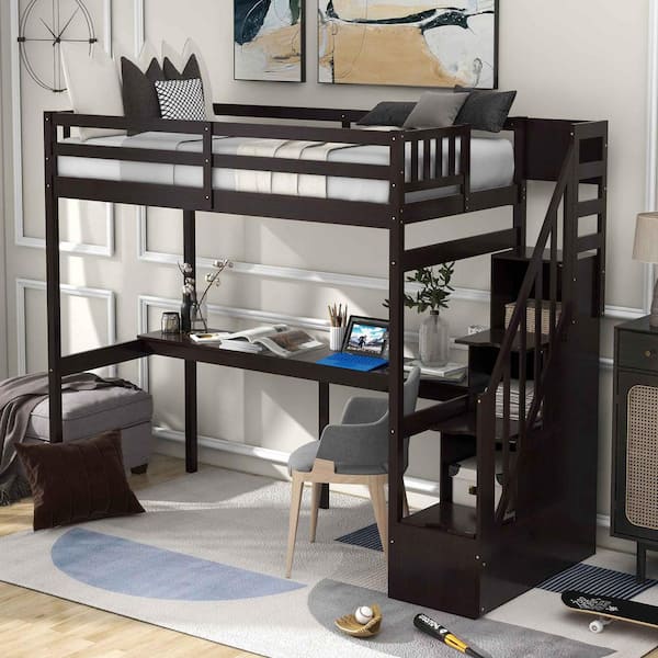 Polibi Twin Size Loft Bed with Storage Staircase and Built-in Desk, Espresso