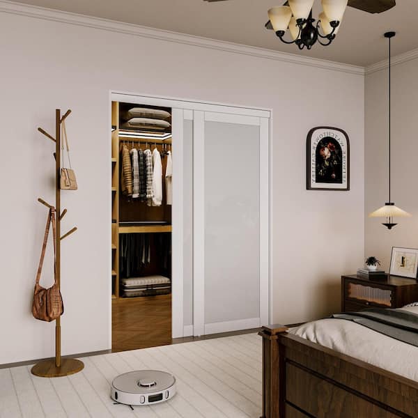 60 in. x 80 in. 1-Lite White Tempered Frosted Glass Finished Interior Closet Sliding Door with Hardware