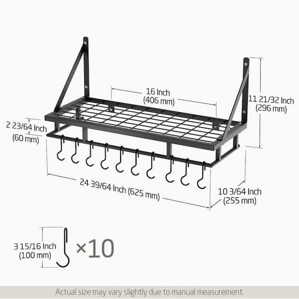 24 in. Wall Mounted Metal Hanging Kitchen Pan Pot Rack Organizer With Hooks for Kitchen Cookware Utensils Storage, Black