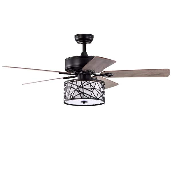 Logmey 52 in. Indoor/Outdoor Matte Black Farmhouse Rustic Cage Ceiling Fan with 3 E26 Bulb Holder and Remote Control
