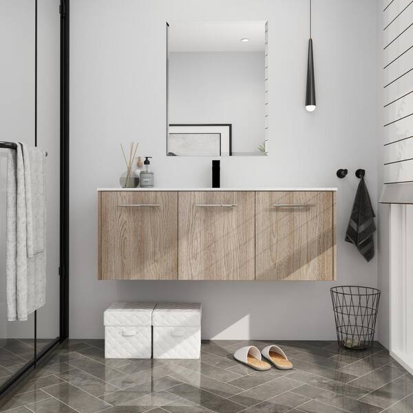 ANGELES HOME 48 in. W x 18 in. D x 18 in. H Wall Mounted Bath Vanity in White Oak with White Gel Basin and Top, Soft Close Door