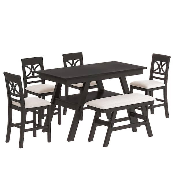 6-Piece Rustic Espresso Wood Top Dining Room Set with Bench and 4 Chairs Seats 5