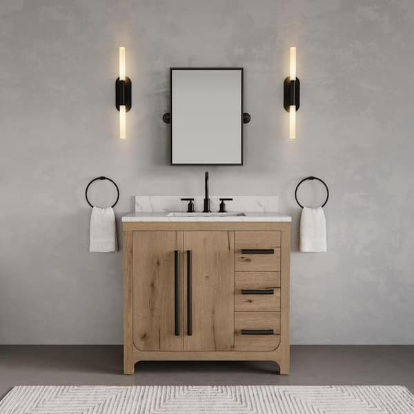 Perris 36 in. Single Sink Bath Vanity in Weathered Oak with Carrara White Engineered Stone Top
