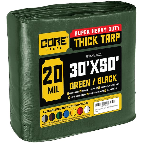 CORE TARPS 30 ft. x 50 ft. Green/Black 20 Mil Heavy Duty Polyethylene Tarp, Waterproof, UV Resistant, Rip and Tear Proof