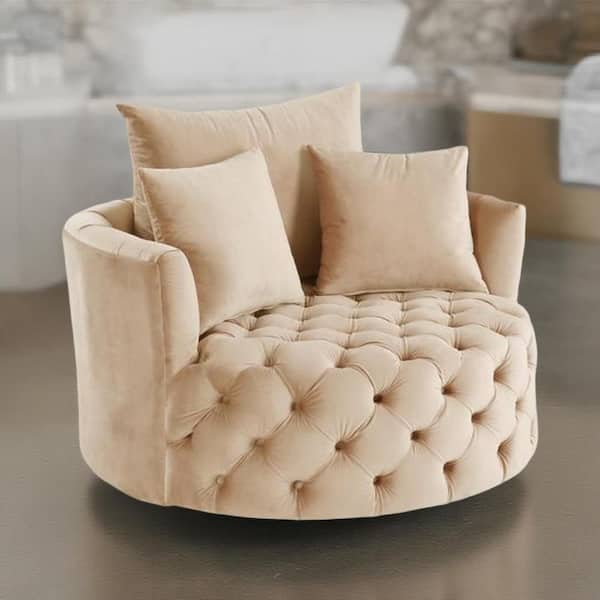 Benjara Beige Fabric Accent Chair with Curved Design and Button Tufting