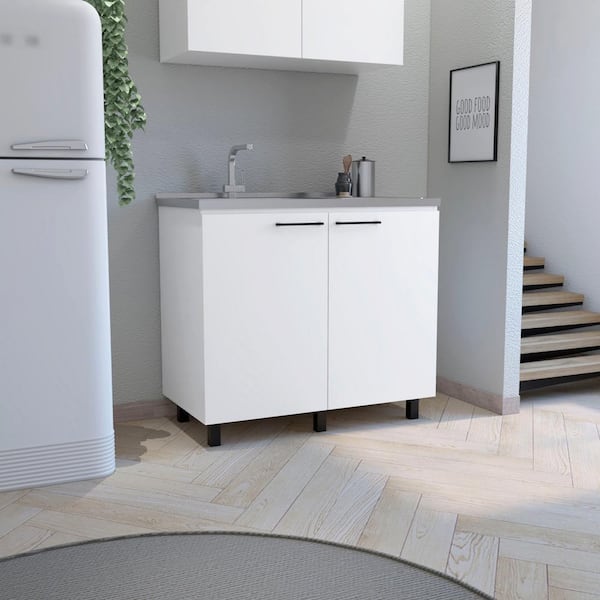 Adrinfly 39.40 in. D x 20.70 in. W Undermount Stainless Steel White Utility Sink with 2-Doors, 2-Shelves and Large Countertop