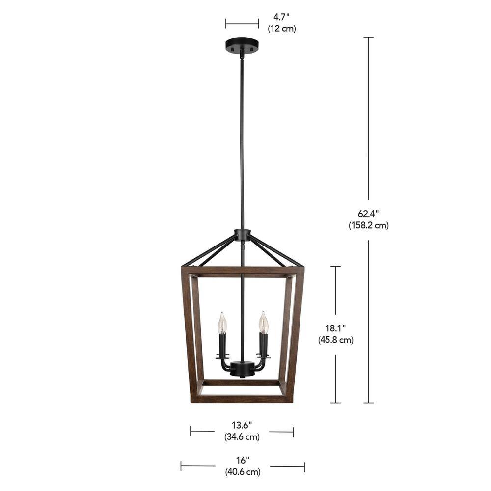 Matte Black and Faux Wood 4-Light Pendant