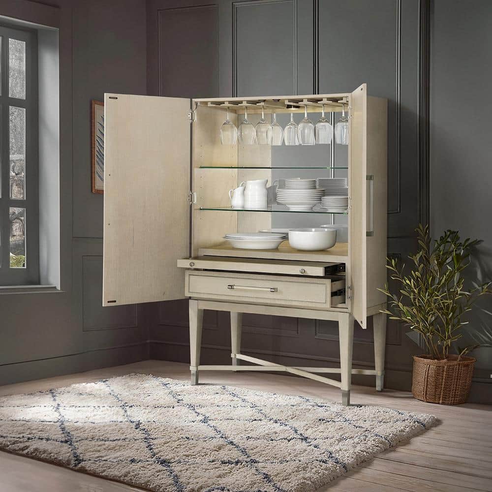 Light Oak and Glass Bar Cabinet with Adjustable Shelves