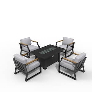 Sera Black 5-Piece Aluminum Patio Fire Pit Conversation Set with Gray Cushions