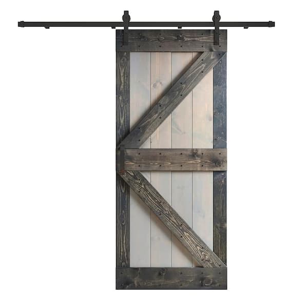 COAST SEQUOIA INC K Series 36 in. x 84 in. Light Grey Carbon Grey Knotty Pine Wood Sliding Barn Door with Hardware Kit